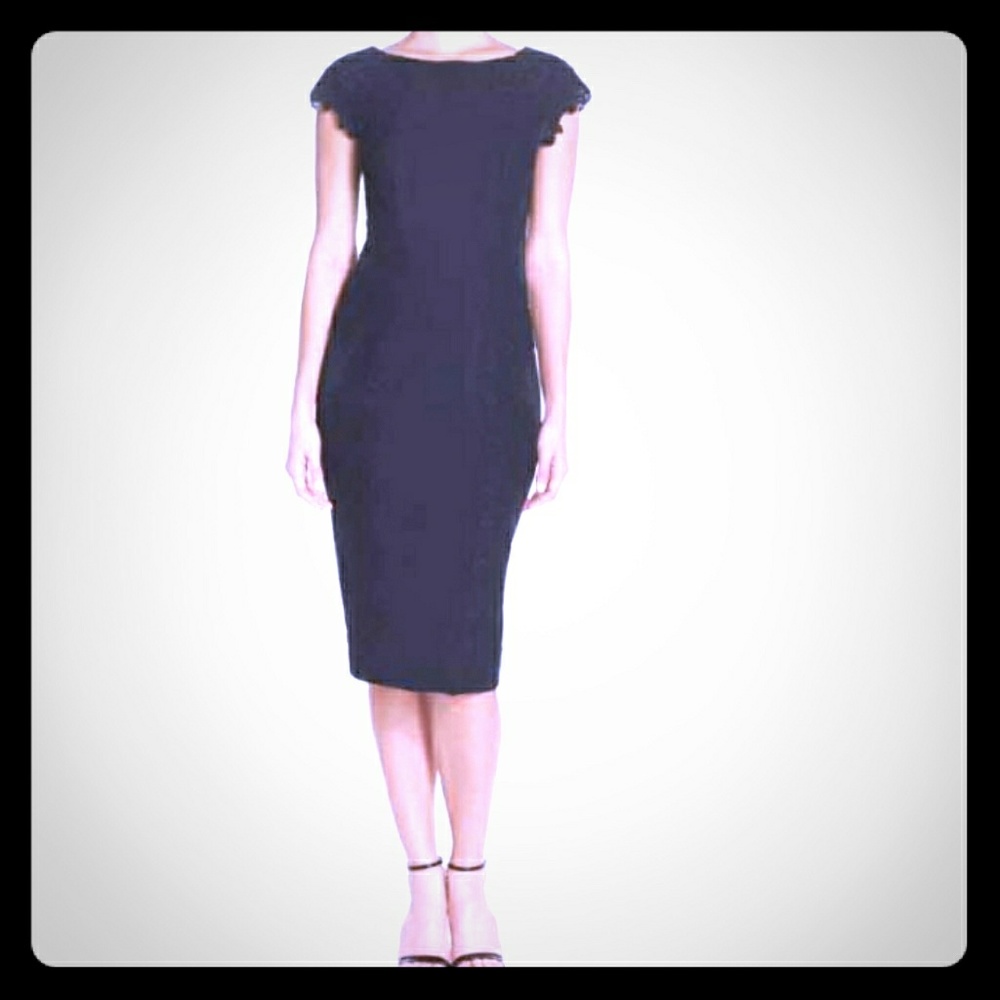 Maggy London lace detail crepe sheath dress.